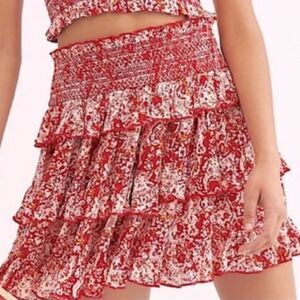 Free People Thalia Ruffle Tiered Smocked Mini Skirt Large Red Boho